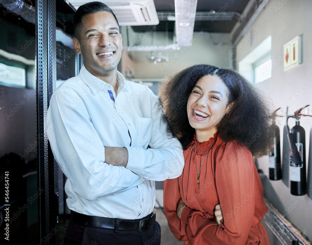 Poster engineer, cybersecurity and happy team together in a server room or data center for maintenance for 