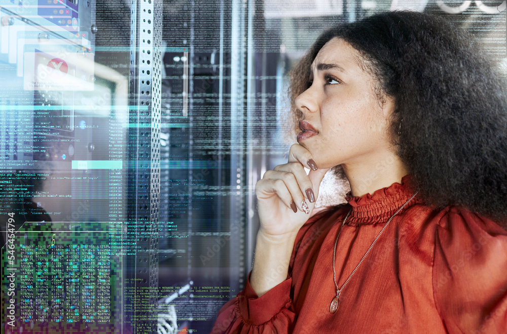 Poster Black woman, web technology and code on hologram in ux design and cybersecurity glitch or crypto software. Digital coding error and blockchain 404 cloud computing and iot data developer
