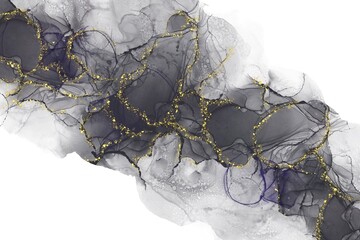 Naklejka premium Black And Gray Alcohol Ink Art With Gold Elements, Modern Fluid Background With Gold Glitter
