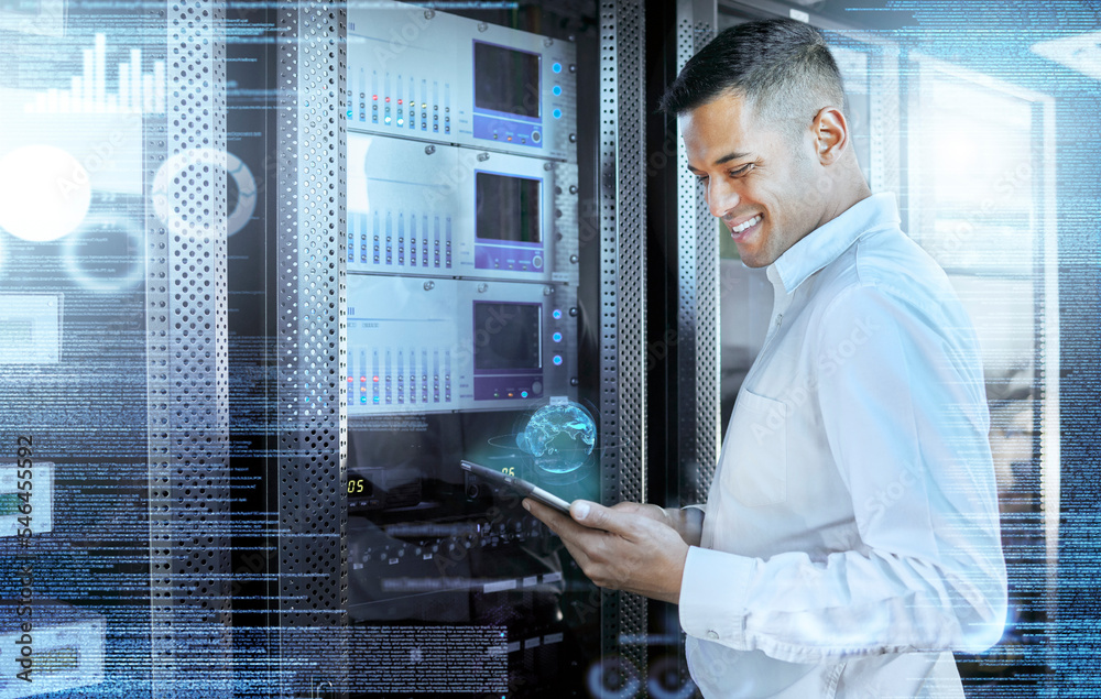 Poster Server, tablet and digital with a man engineer working with hologram technology for programming or it security. Future, computer and innovation with a male research worker busy in a data center
