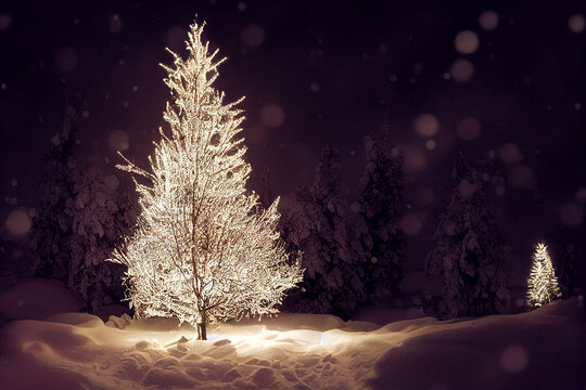 A Tree With Lights Illuminate The Backyard In The Snow Christmas Concept