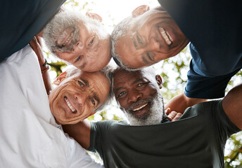Old men, huddle and diversity, friends and teamwork outdoors for solidarity, unity or union in low...