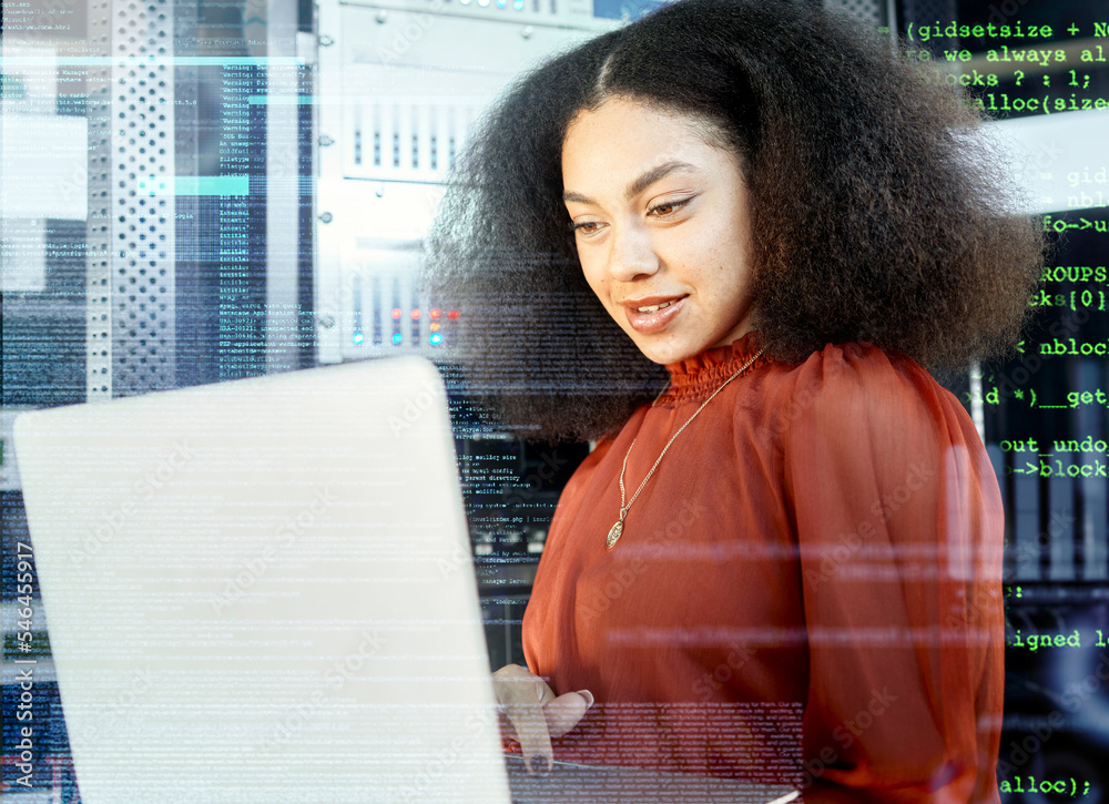 Aufkleber Data overlay, black woman with laptop in server room and future of digital software in cloud computing career. Computer coding language, working with machine learning technology and analytics growth
