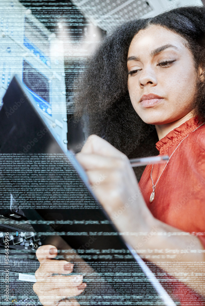 Poster Server, information technology and woman writing on clipboard for analysis of motherboard. Programming, coding text and black woman IT engineer checking database, cyber network and digital software