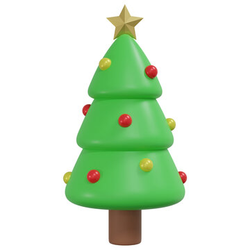3D Holiday Season Christmas Tree with Red and Yellow Ornaments. Gold Star on top. PNG Transparent Background.