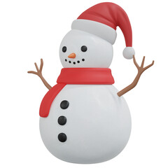 3D Holiday Season Christmas Snowman with Red Santa Claus Hat and Scarf. PNG Transparent Background.
