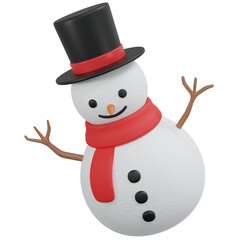 3D Holiday Season Christmas Snowman with Black Tall Hat and Red Scarf. PNG Transparent Background.