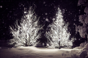 Two glowing trees illuminate the snow christmas concept