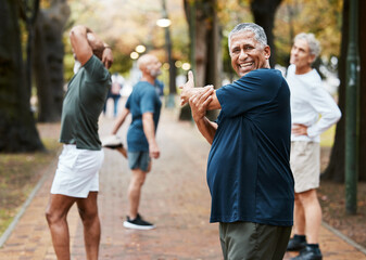 Fitness, friends and stretching with old man in park for training, health and wellness. Retirement, workout and exercise with senior runner and warm up for cardio, endurance and sports together