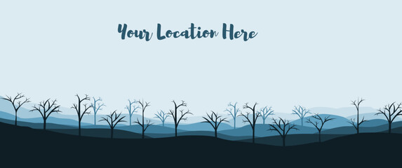 Outdoor landscape vector illustration of mountain layers and dry trees silhouette. Perfect for background, desktop background, wallpaper, illustration, nature banner design.