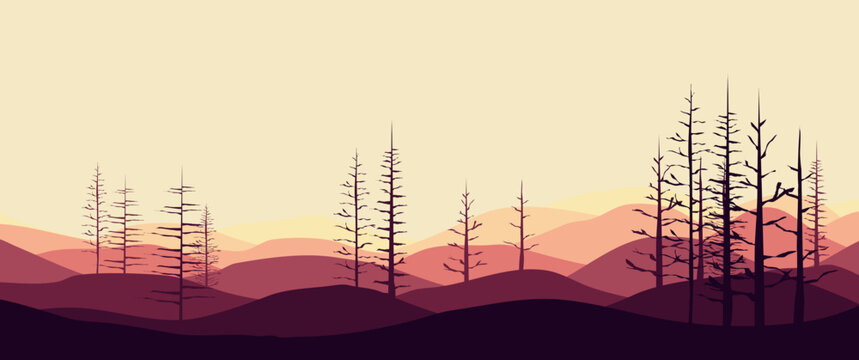 Outdoor landscape vector illustration of mountain layers and dry trees silhouette. Perfect for background, desktop background, wallpaper, illustration, nature banner design.