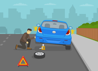 Safe car driving tips and traffic regulation rules. Young male driver changing the flat rear tire on city road. Back view of broken blue car. Flat vector illustration template.