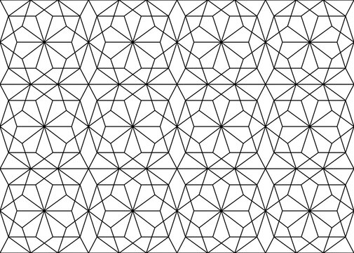 Contemporary repeating geometrical decagonal shapes outline pattern in straight black lines. PNG transparent background.