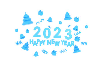 3D. Happy new year 2023, Merry Christmas Christmas tree, gifts, bell, christmas ball