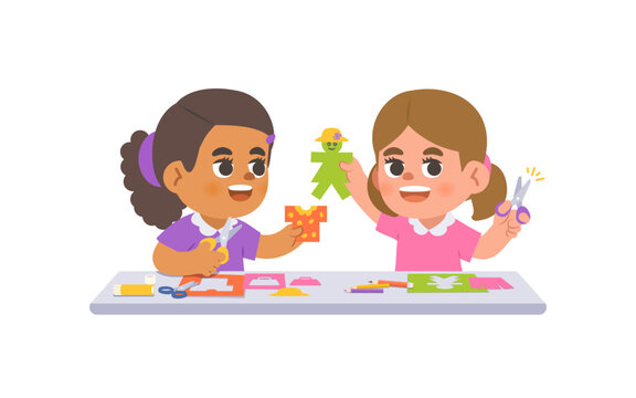 a black girl and a white girl doing the paper cut with imagination like a paper doll in art class on the table, illustration cartoon character vector design on white background. kid and education.