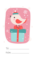 New Year's card tag for congratulations add to the package with a signature from the donor with a bird and a gift