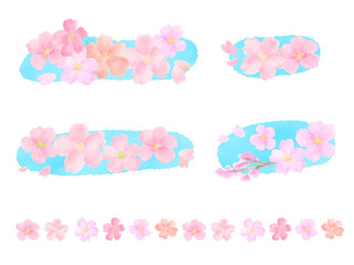 Cherry blossoms(sakura) and petals that shine in the sky blue Cute and simple hand drawn watercolor illustration set / 空色に映える桜と花びらのあしらい かわいくてシンプルな手描き水彩イラストセット
