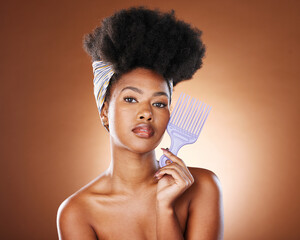 Beauty, hair and afro with black woman and comb for salon, luxury and natural style. African, self...