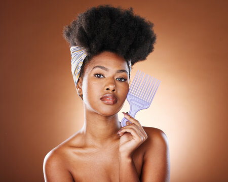 Beauty, Hair And Afro With Black Woman And Comb For Salon, Luxury And Natural Style. African, Self Love And Scarf With Portrait Of Girl Model For Wellness, Grooming And Shampoo In Studio Background