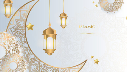 Ramadan kareem islamic greeting background with lantern, mandala pattern, mosque and crescent moon © TitikBak