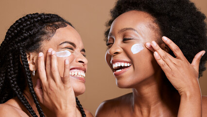 Black woman, cream and skincare with friends support, love and beauty together in studio for...
