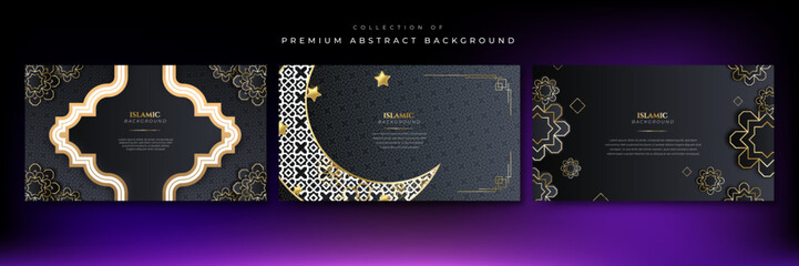 Luxury black and gold ramadan kareem background. Realistic 3d vector illustration with mosque and moon, place for text greeting card and banner.