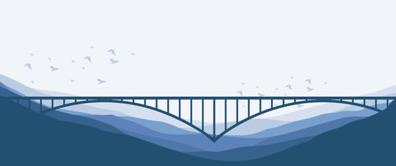 Silhouette of bridge and mountain layers landscape scenery vector illustration. Perfect for background, backdrop, wallpaper, desktop background, travel banner.