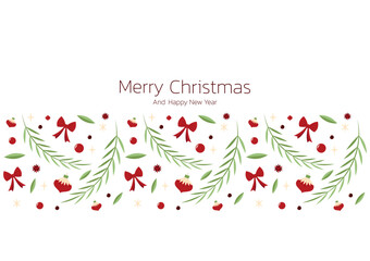 Merry Christmas banner. Christmas holly berry leaves isolated. Cute holly isolated on white background. Vector illustration. Template.