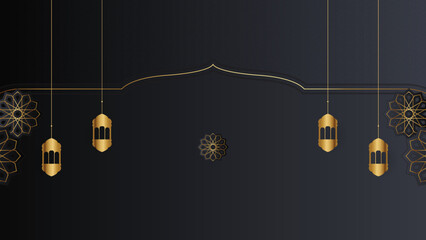 Ramadan Kareem vector card with 3d golden metal crescent and stars. Arabic style arch in black color with traditional pattern. Copy space.