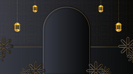 Ramadan Kareem vector card with 3d golden metal crescent and stars. Arabic style arch in black color with traditional pattern. Copy space.