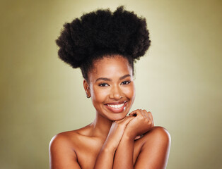 Black woman afro, beauty and smile for skincare cosmetics or makeup against a studio background....