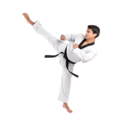 Foto auf Acrylglas Taekwondo high kick - black belt  taekwondo athlete martial arts master , handsome man show high kick pose during fighter training isolated on white background © suphaporn