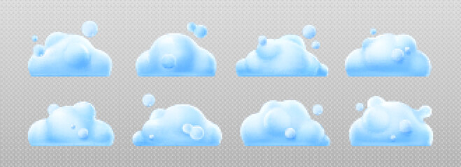 Fluffy 3D white clouds set isolated on lilac background. Cartoon vector illustration set of soft, round, cotton-like piles of vapor floating in heavenly sky. Beautiful nature. Game ui design elements