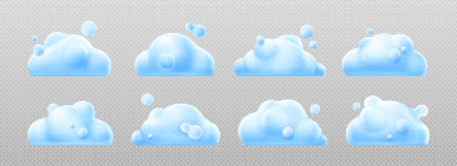 Obraz premium Fluffy 3D white clouds set isolated on lilac background. Cartoon vector illustration set of soft, round, cotton-like piles of vapor floating in heavenly sky. Beautiful nature. Game ui design elements