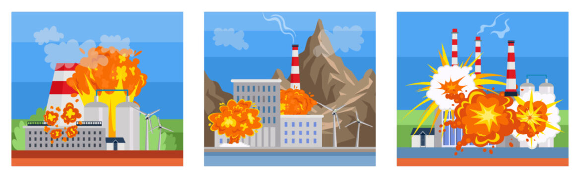 Explosions at factories cartoon illustrations set. Collection of drawings of industrial buildings exploding with dangerous gases, ecological disaster. Danger, ecology, environment concept