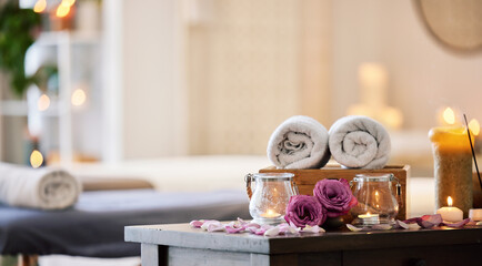 Relax, peace and calm at a luxury spa for wellness, health and zen during a massage. Candles,...