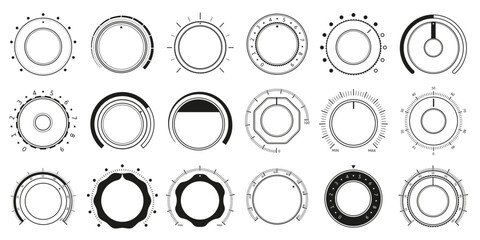 Volume adjustment dials. Round level knob, rotary control dial and sound controller interface circle switch vector set