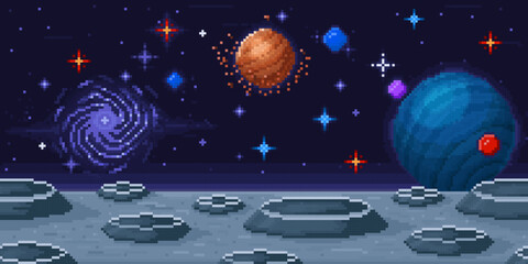 Pixel art planet surface. Space arcade 8-bit videogame location, moon landscape and galaxy sky vector background Illustration © WinWin