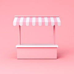 Market stall kiosk stand exhibition booth shop store with product shelf counter or display shop stand with pink striped awning isolated on pink pastel color background minimal concept 3D rendering