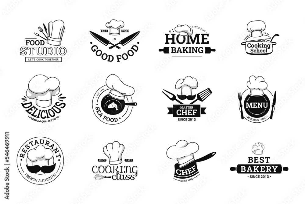 Wall mural cooking label. food studio emblem, chef menu and cooking school class labels with cook hat vector se