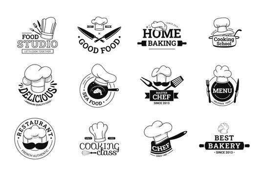Cooking label. Food studio emblem, chef menu and cooking school class labels with cook hat vector set