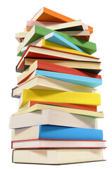 Tall pile stack of various several books isolated transparent background photo PNG file