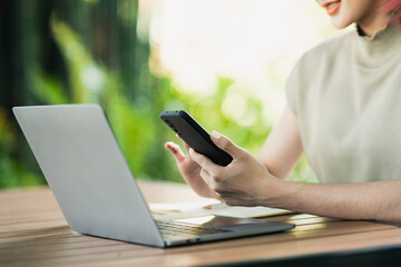Freelance working woman hold mobile phone text message, chat conversation, social media....