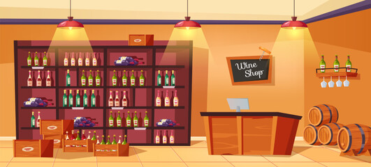 Wine shop interior. Restaurant bar table, shelves with alcohol bottles and winery barrels. Retail or pub vector Illustration