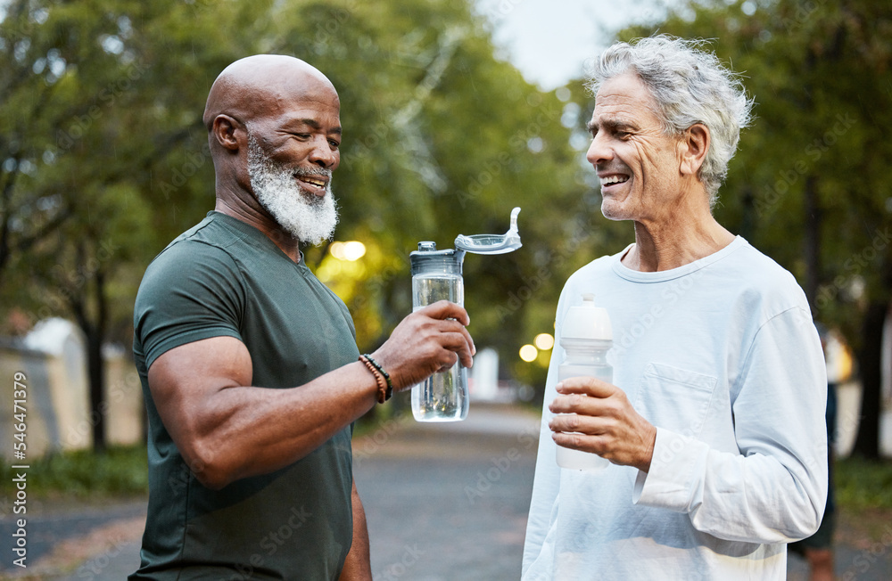 Poster Exercise, water bottle and senior men or friends together at a park for running, walking and fitness during retirement. Happy people in nature for a cardio workout and hydration while talking outdoor