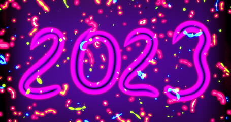 2023 new year. Neon inscription on the background of falling confetti. 3d rendering