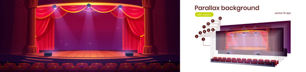 Theater hall with wooden stage, red curtains, auditorium chairs, spotlights and columns. Empty theatre scene interior, vector cartoon parallax background ready for 2d animation