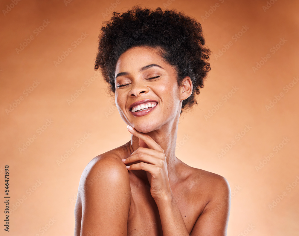 Canvas Prints Cosmetics, skincare and black woman with smile, natural beauty and with confidence on brown studio background. Makeup, female and girl with face detox, wellness and organic facial for smooth skin.