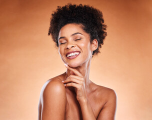 Cosmetics, skincare and black woman with smile, natural beauty and with confidence on brown studio background. Makeup, female and girl with face detox, wellness and organic facial for smooth skin.