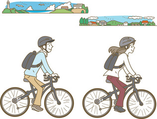 ヘルメットをして自転車に乗る若い男女と街並みのイラストセット